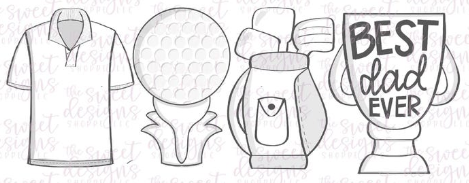 Golf shirt, ball on tee, clubs, Best Dad Ever trophy cookie designs